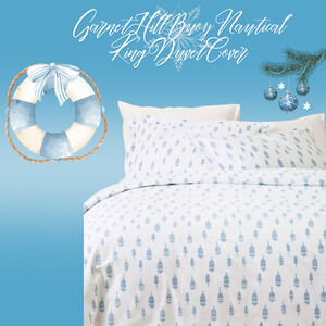 Garnet Hill Nautical Buoy King Duvet Cover, Blue White Bedding, Beach Cottage